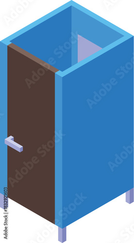 Isometric public toilet cabin with open door, offering privacy and sanitation in a compact space