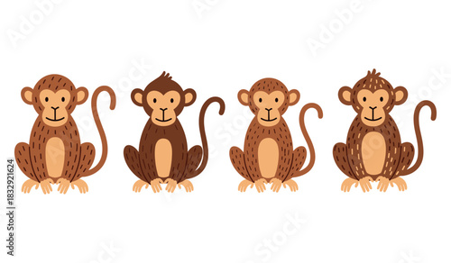 Cartoon monkeys set: cute brown primate illustrations with different expressions