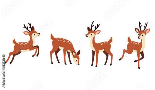 Cartoon deer group: playful and curious forest animals on white background