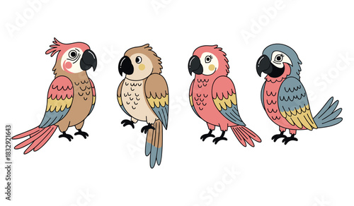 Colorful cartoon parrots with varied plumage and expressions