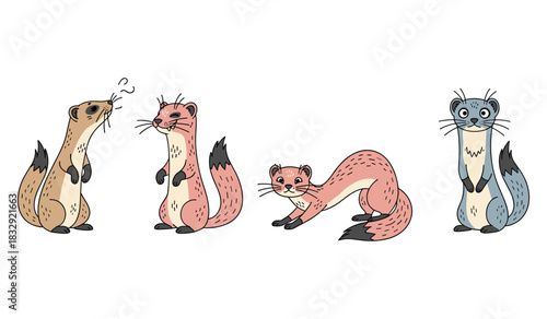 Colorful cartoon ferrets with unique expressions and patterns