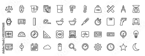 Measurement and science line icon set. Vector pictograms of thermometer, scale, ruler, compass, stopwatch, beaker, clock and gauge, thin linear illustration.