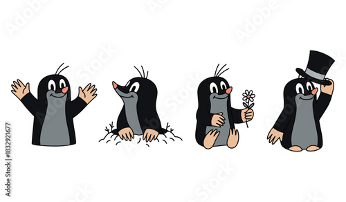 Cartoon mole characters showing various expressions and activities