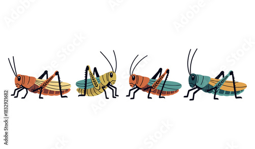 Colorful cartoon grasshoppers in profile with unique designs