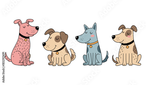 Cute cartoon dogs sitting in a row with colorful collars
