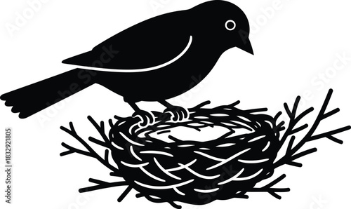 Bird on Nest Icon Simple Black Vector Silhouette Minimalist Spring Wildlife Glyph