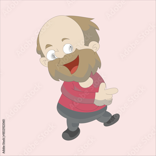 Vector illustration of a funny old construction worker or manual laborer leaning forward, pointing a finger, and looking happy or curious. Flat character design