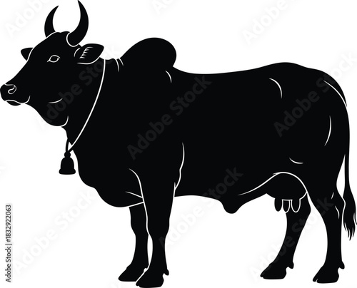Standing Zebu Cow Silhouette Vector Illustration with Bell Isolated on White Background