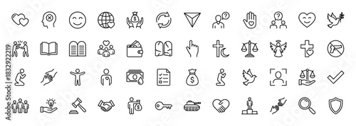 Ethics and morality line icon set. Vector pictograms of prayer, money, peace, justice, and responsibility, thin linear illustration.