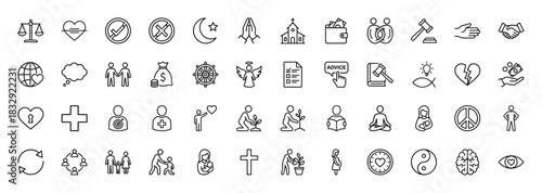 Religion and spiritual life line icon set. Vector pictograms of heart, cross, angel, meditation, and peace, thin linear illustration.