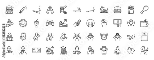 Bad habits line icon set. Vector pictograms of smoking, alcohol, junk food, gambling, drugs, stress, laziness and addiction, thin linear illustration.