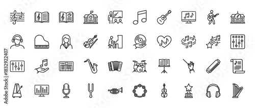 Music education and instrument line icon set. Vector pictograms of piano, guitar, violin, drum, saxophone, microphone, headphones and notes, thin linear illustration.
