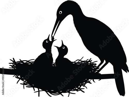 Parent bird feeding chicks in nest silhouette vector illustration