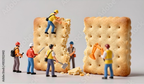 Tiny workers creating a giant cracker masterpiece in a playful art arrangement