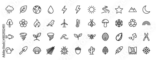 Nature and environment line icon set. Vector pictograms of plants, weather, earth, and insects, thin linear illustration.