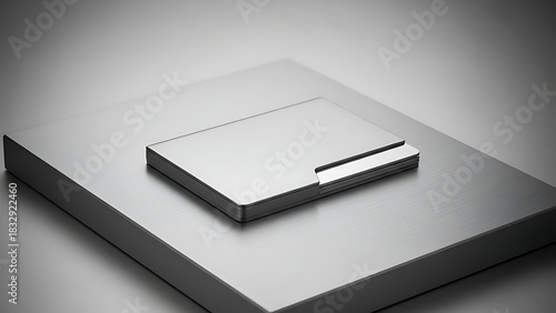 A sleek, modern silver metallic card holder with a minimalist design on a brushed metal block.