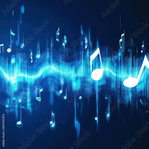 Abstract Glowing Music Notes and Blue Sound Equalizer Wave on Dark Blue Background