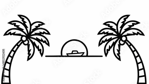 Tropical sunset scene with palm trees and a boat on the horizon.