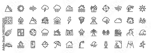 Natural disaster and hazard line icon set. Vector pictograms of flood, earthquake, drought, storm, and volcano, thin linear illustration.