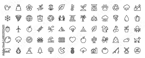 Nature and ecology line icon set. Vector pictograms of plants, recycling, weather, animals, fruit, agriculture, and environment symbols, thin linear illustration.