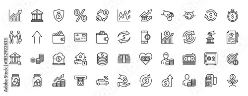 Finance line icon set. Vector pictograms of bank building, wallet, money bag, calculator, credit card, coins, chart, safe, atm and handshake, thin linear illustration.