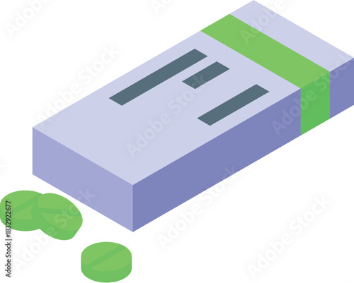 Green pills are coming out of a medicine box, representing the pharmaceutical industry and healthcare