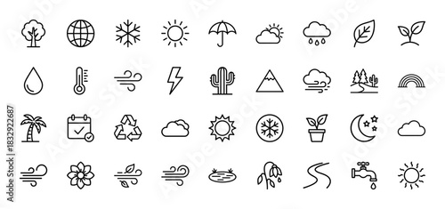 Nature and weather line icon set. Vector pictograms of rain cloud, sun, snowflake, leaf, thermometer, and wind, thin linear illustration.