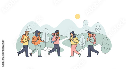 A diverse group of friends with backpacks enjoys a scenic hiking adventure through a beautiful, serene natural landscape under a bright, sunny sky.