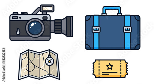 An illustrative collection of travel and media essentials featuring a camera, luggage, map, and ticket, perfect for vacation planning and adventure.