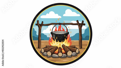 A classic campfire with a cooking pot hanging over flames.