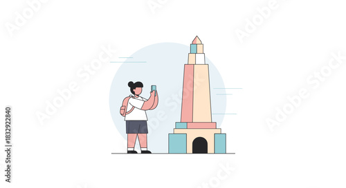 A traveler captures a memorable moment, photographing a distinctive architectural monument with a smartphone, embodying modern tourism and digital exploration.