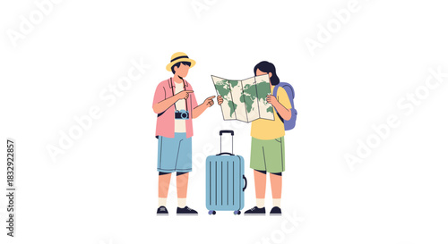 A cheerful couple of tourists is meticulously planning their exciting global adventure, consulting a detailed world map with a suitcase ready for their journey.
