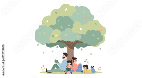 A serene family enjoys quality time together, reading books peacefully under the shade of a large, lush green tree, fostering education and bonding.