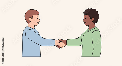 Two diverse individuals shake hands, symbolizing a positive business agreement, partnership, and successful collaboration in a modern flat vector illustration.