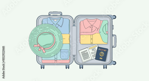 Detailed flat vector illustration of an open travel suitcase containing neatly folded clothes, a stylish hat, passport, and a guide book for holiday preparation.