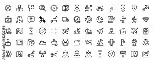 Navigation and travel line icon set. Vector pictograms of car, map, location pin, compass, globe, and airplane, thin linear illustration.