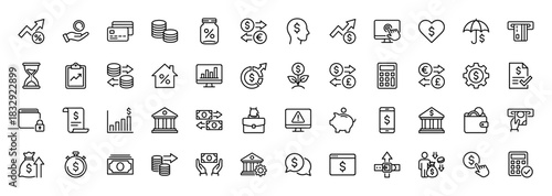 Finance and banking line icon set. Vector pictograms of money, investment, payment, wallet, currency exchange, calculator, graph, and coin, thin linear illustration.