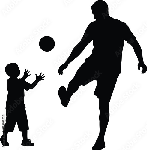 Black silhouette of father and son playing soccer or catching a ball together, vector illustration of family sport bonding