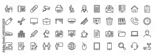 Business and office line icon set. Vector pictograms of laptop, calendar, computer, telephone, and desk, thin linear illustration.