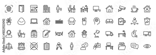 Business and work from home line icon set. Vector pictograms of desk, office, computer, headset, and building, thin linear illustration.