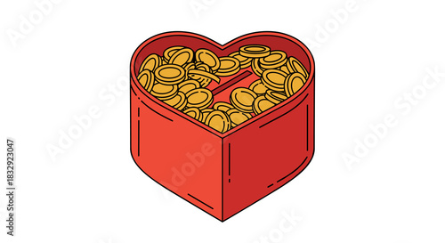 A vibrant red heart-shaped box overflows with shimmering gold coins, symbolizing wealth, love, and financial prosperity, rendered in a clean, modern vector illustration.