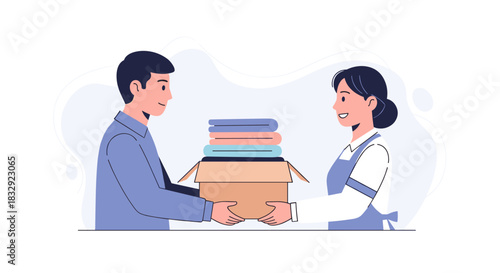 An empathetic man extends a box of neatly folded garments to a smiling woman, representing the spirit of donation and mutual community assistance.