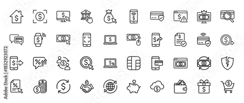 Financial line icon set. Vector pictograms of banking, payment, currency, mobile transfer, and digital commerce, thin linear illustration.