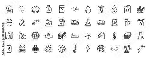 Industrial energy and ecology line icon set. Vector pictograms of oil, coal, factory, solar panel, and recycle symbol, thin linear illustration.