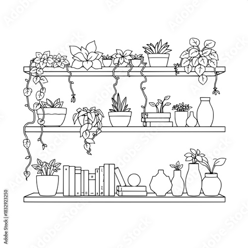 Minimalist black-and-white line drawing of indoor shelves with clean lines and subtle shading, displaying an assortment of succulents with plump leaves, trailing vines with delicate curves, and leafy 