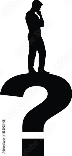 Black Silhouette of Pensive Man Standing on Large Question Mark Symbol Conceptual Vector