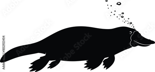 Black Platypus Silhouette Swimming Vector Graphic with Bubbles