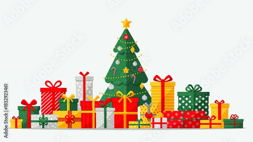 Festive Christmas Tree Surrounded by a Colorful Assortment of Gift Boxes and Presents on a White Background