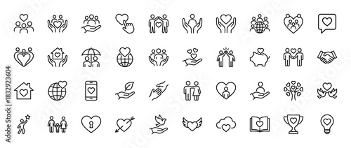 Charity and care line icon set. Vector pictograms of hearts, people holding hands, saving, and family protection, thin linear illustration.