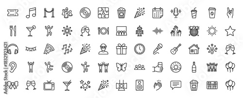 Party and celebration line icon set. Vector pictograms of confetti, music, dancing, and drinks, thin linear illustration.
